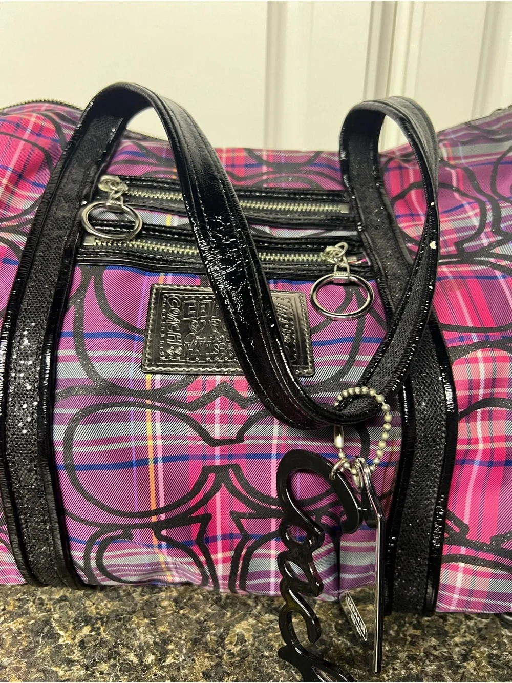 Coach Pink and Purple Signature Plaid Tote with Black Trim